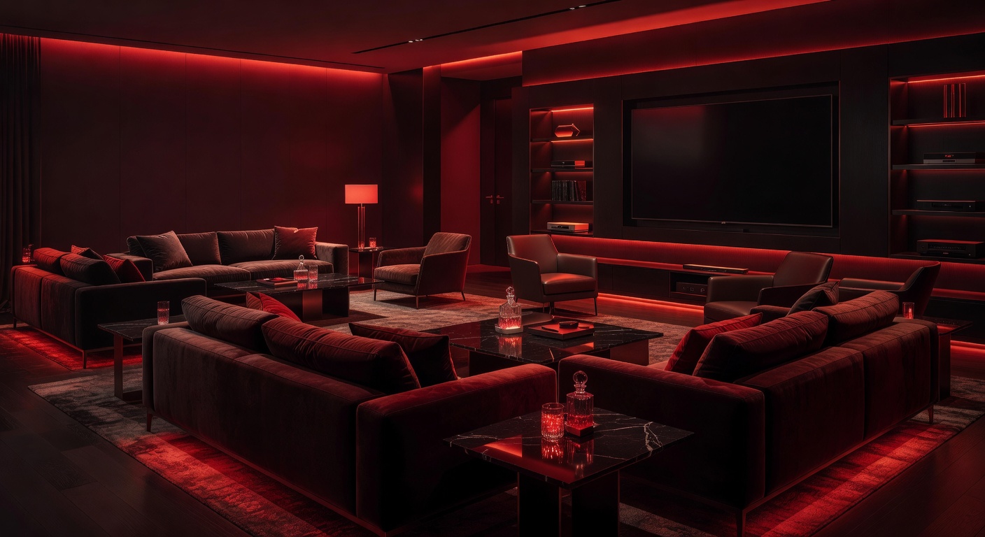 Entertainment lounge with ambient red lighting