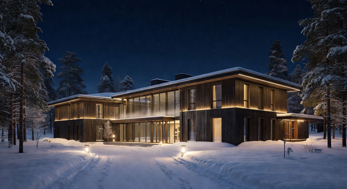 Luxury Finland hotel exterior at night with elegant lighting