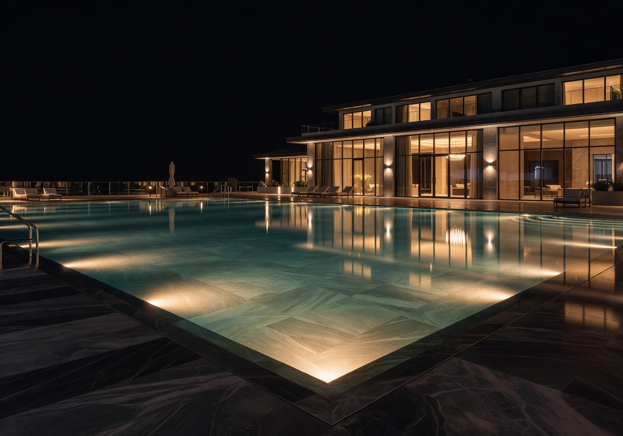 Luxury hotel night pool with reflective lighting